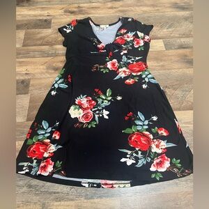 Wishful Park Black Dress with Red Floral Design